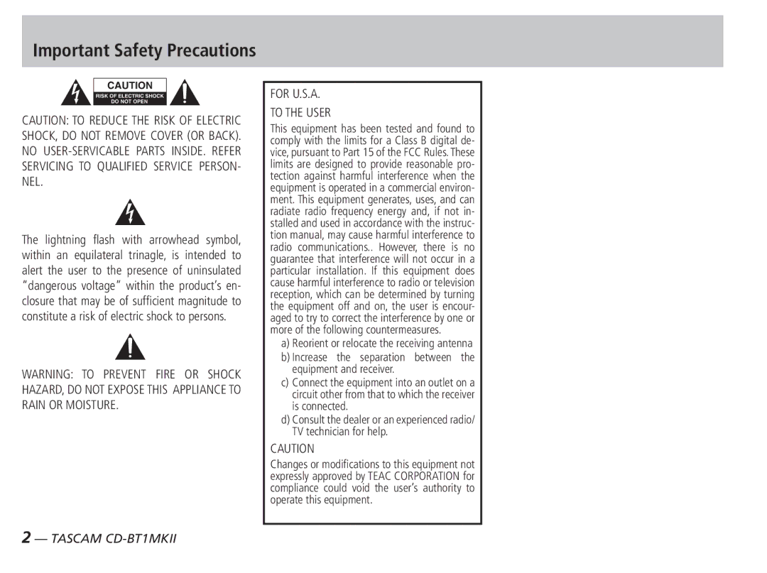 Tascam D00851300A owner manual Important Safety Precautions 