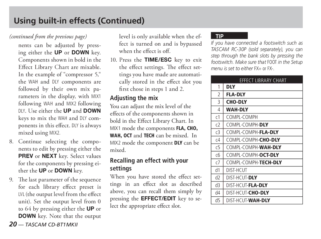 Tascam D00851300A owner manual Adjusting the mix, Recalling an effect with your settings 