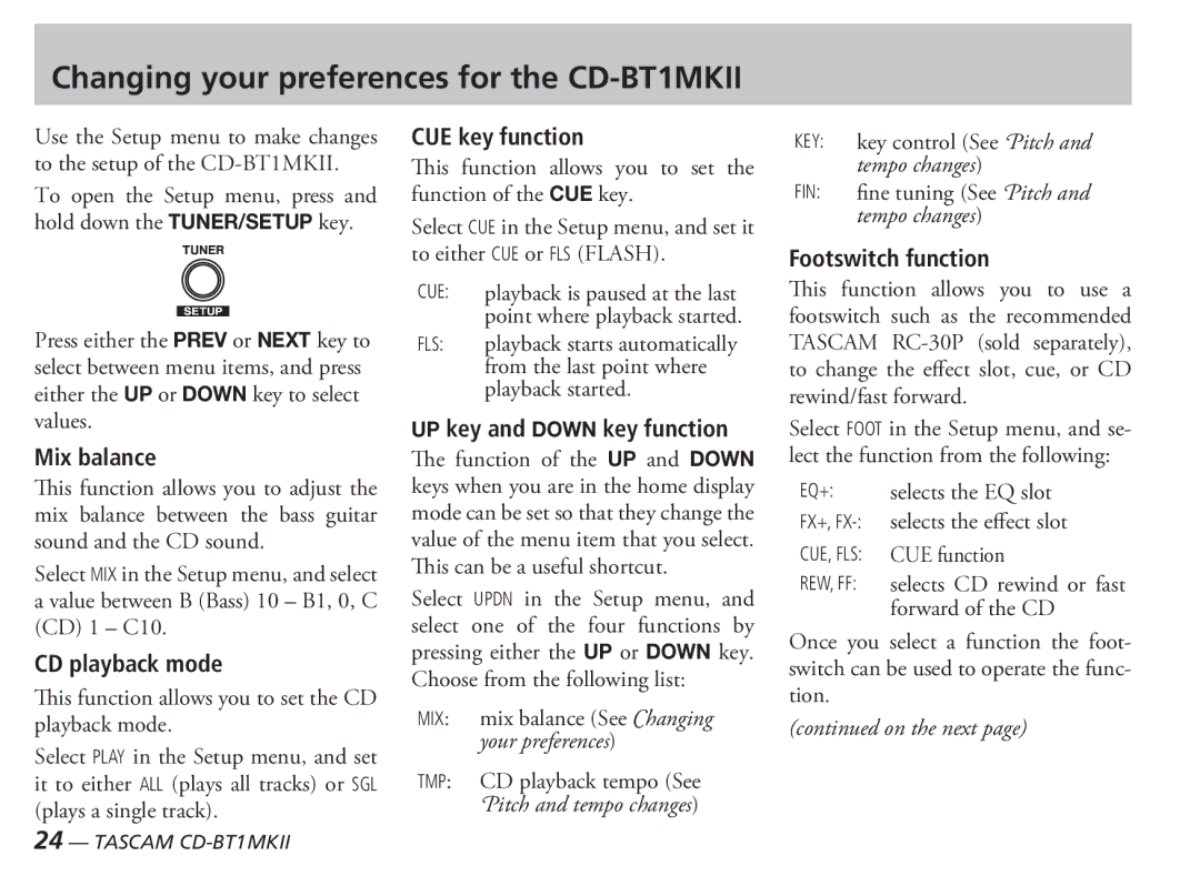 Tascam D00851300A owner manual Changing your preferences for the CD-BT1MKII 