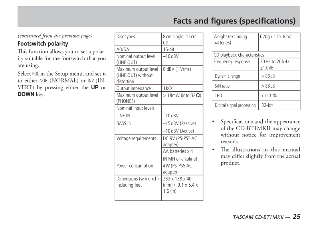 Tascam D00851300A owner manual Facts and ﬁgures speciﬁcations, Footswitch polarity 