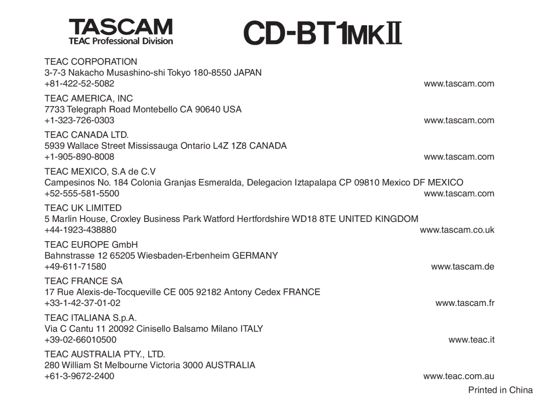 Tascam D00851300A owner manual » CD-BT1@# 