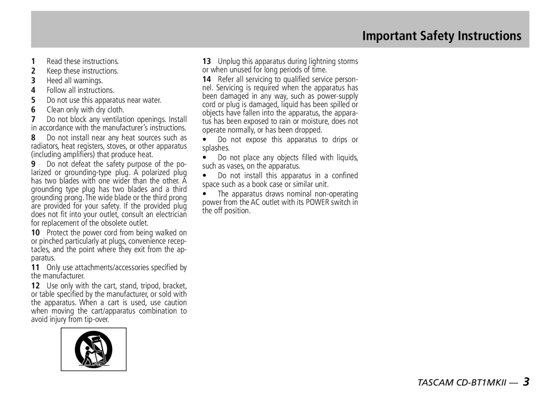 Tascam D00851300A owner manual Important Safety Instructions, Do not expose this apparatus to drips or splashes 