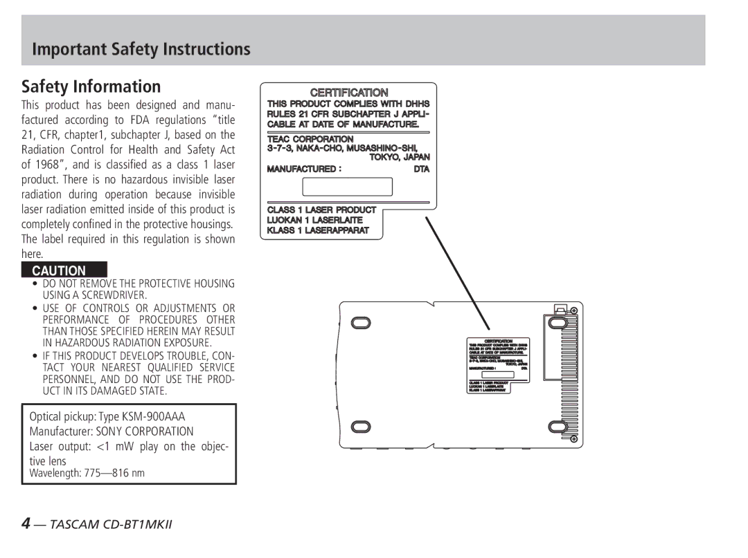 Tascam D00851300A owner manual Important Safety Instructions Safety Information 