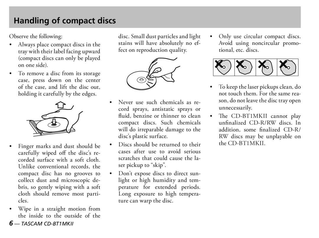 Tascam D00851300A owner manual Handling of compact discs, Observe the following 