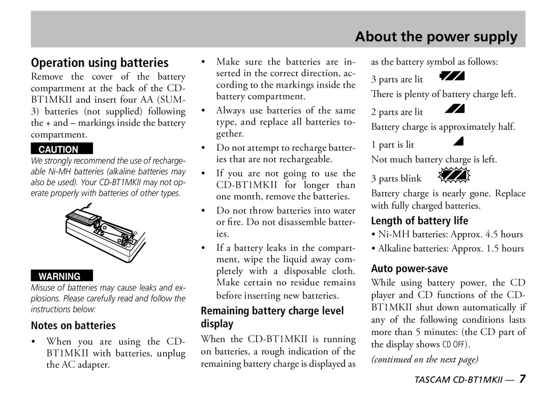 Tascam D00851300A owner manual About the power supply, Operation using batteries, Remaining battery charge level display 