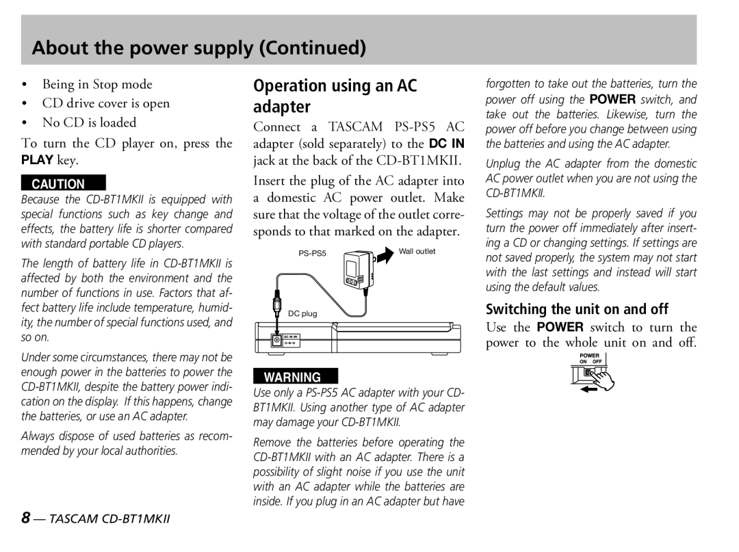 Tascam D00851300A owner manual Operation using an AC adapter, Switching the unit on and off 