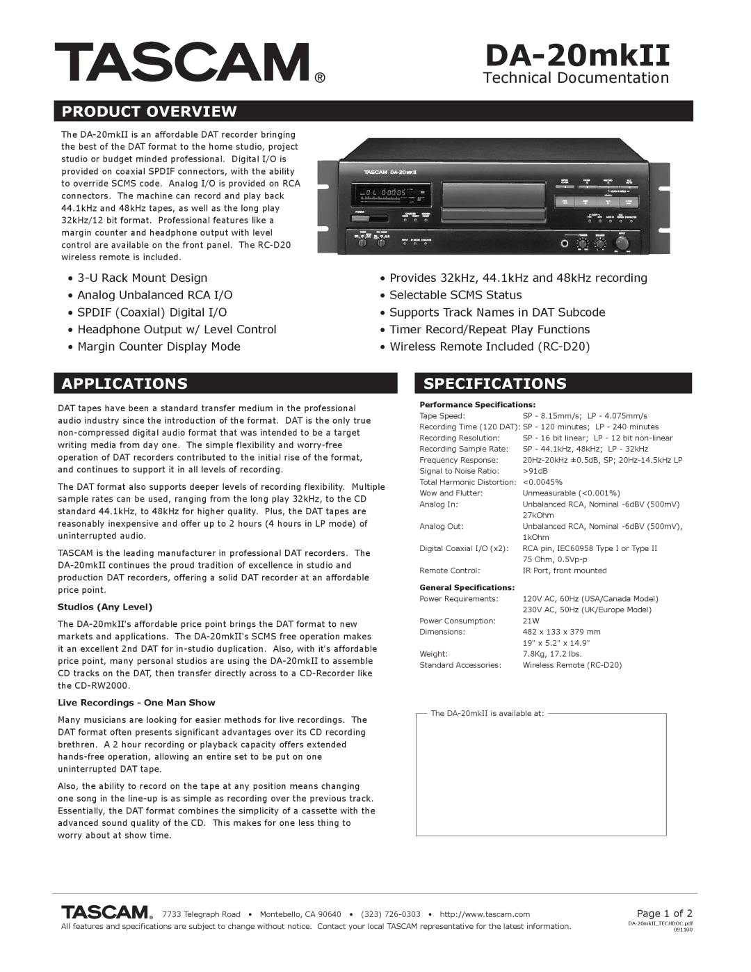 Tascam DA-20MKII specifications DA-20mkII, Product Overview, Applications, Specifications 