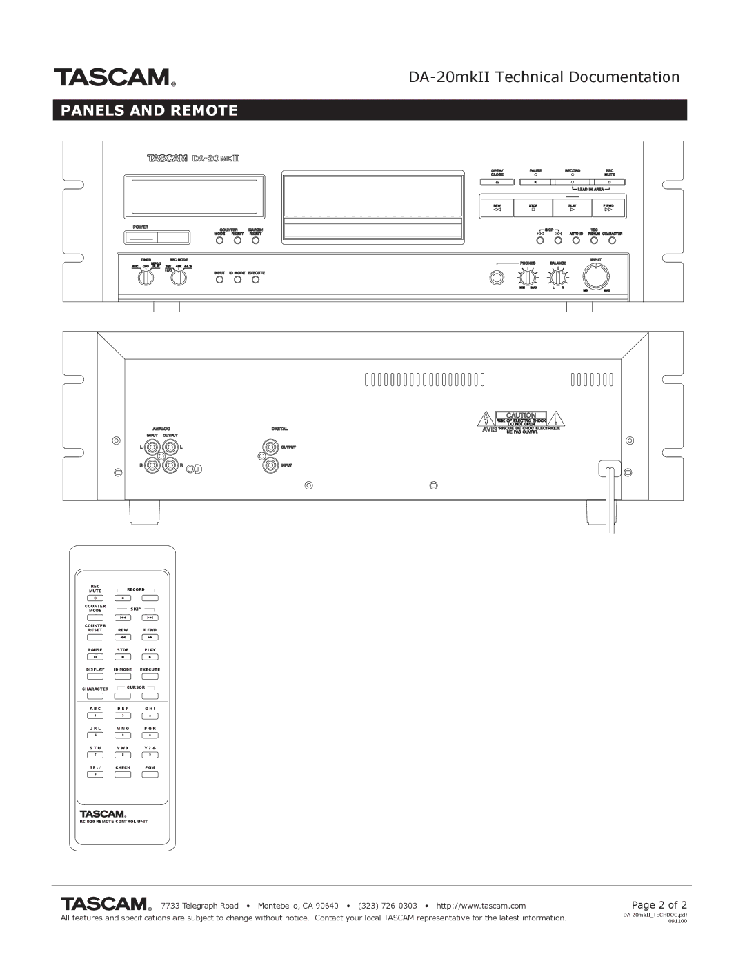 Tascam DA-20MKII specifications Panels and Remote 