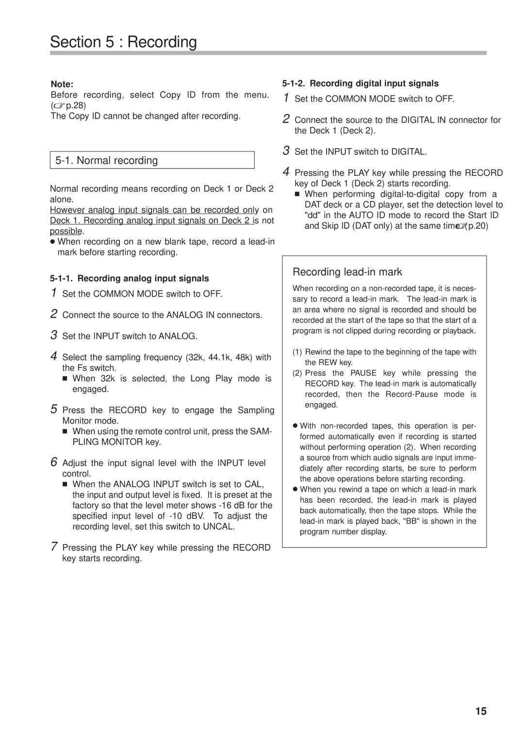 Tascam DA-302 owner manual Normal recording, Recording lead-in mark, Recording analog input signals 