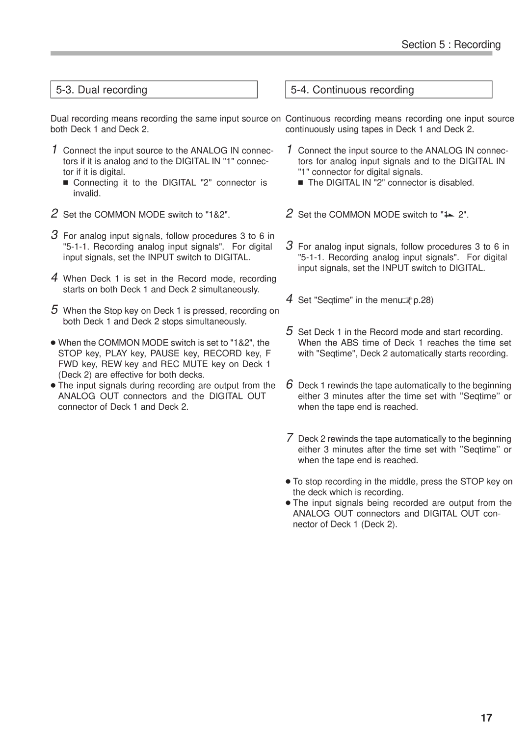 Tascam DA-302 owner manual Recording Dual recording Continuous recording 