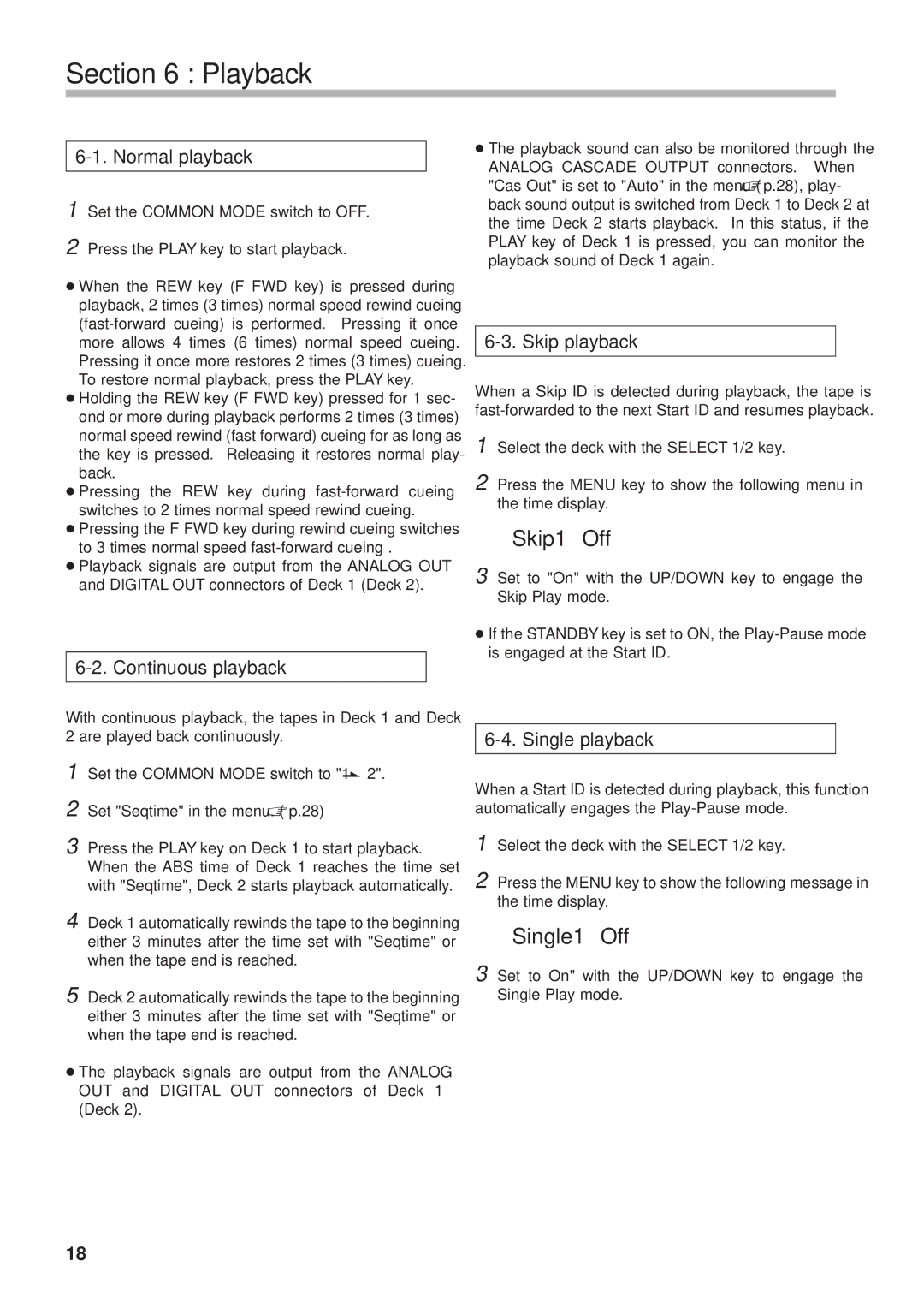 Tascam DA-302 owner manual Playback, Skip1 Off, Single1 Off 