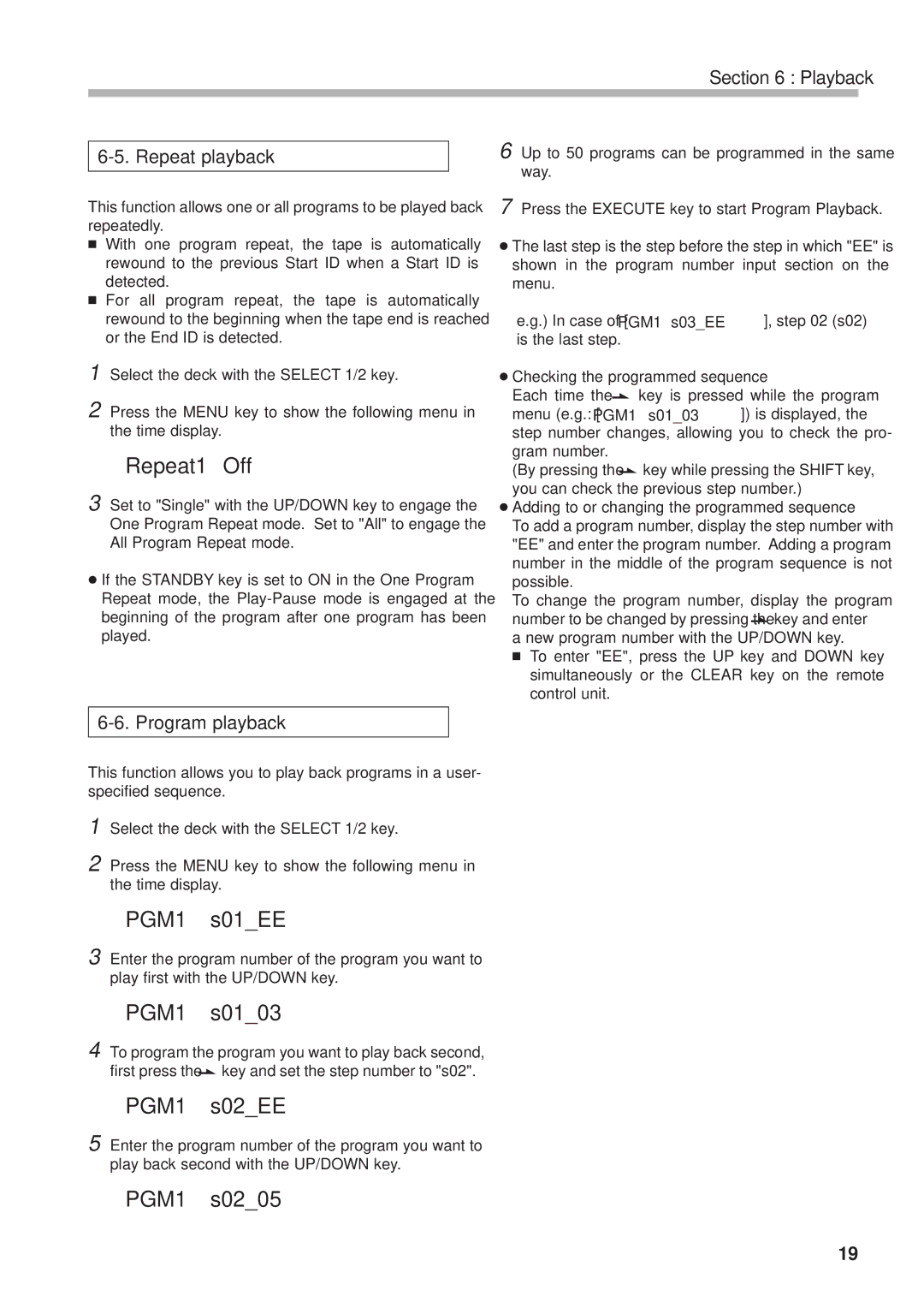 Tascam DA-302 owner manual Repeat1 Off, PGM1 s01EE, PGM1 s0103, PGM1 s02EE, PGM1 s0205 