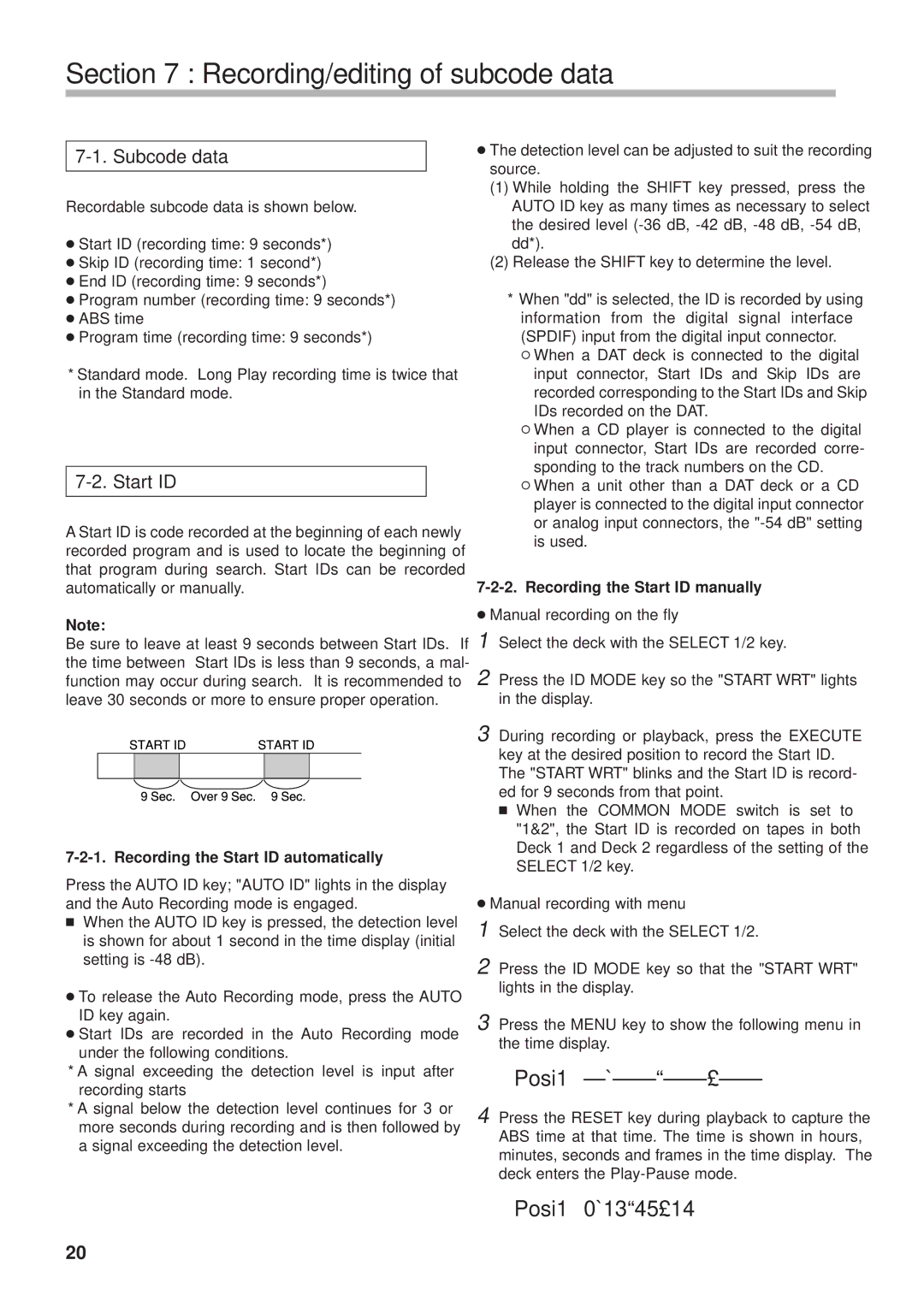 Tascam DA-302 owner manual Recording/editing of subcode data, Posi1 ÐÁÐÐªÐÐ£ÐÐ, Posi1 0Á13ª45£14, Subcode data, Start ID 