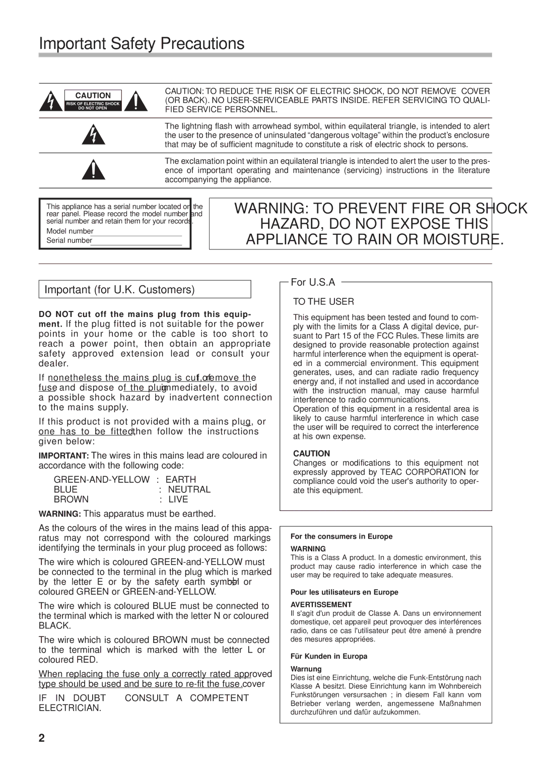 Tascam DA-302 owner manual Important Safety Precautions, Important for U.K. Customers 