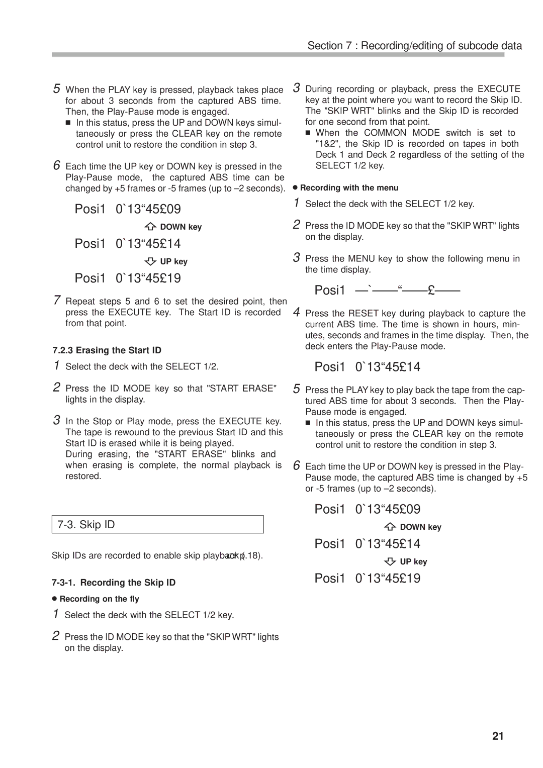 Tascam DA-302 owner manual Posi1 0Á13ª45£09, Posi1 0Á13ª45£19, Erasing the Start ID, Recording the Skip ID 