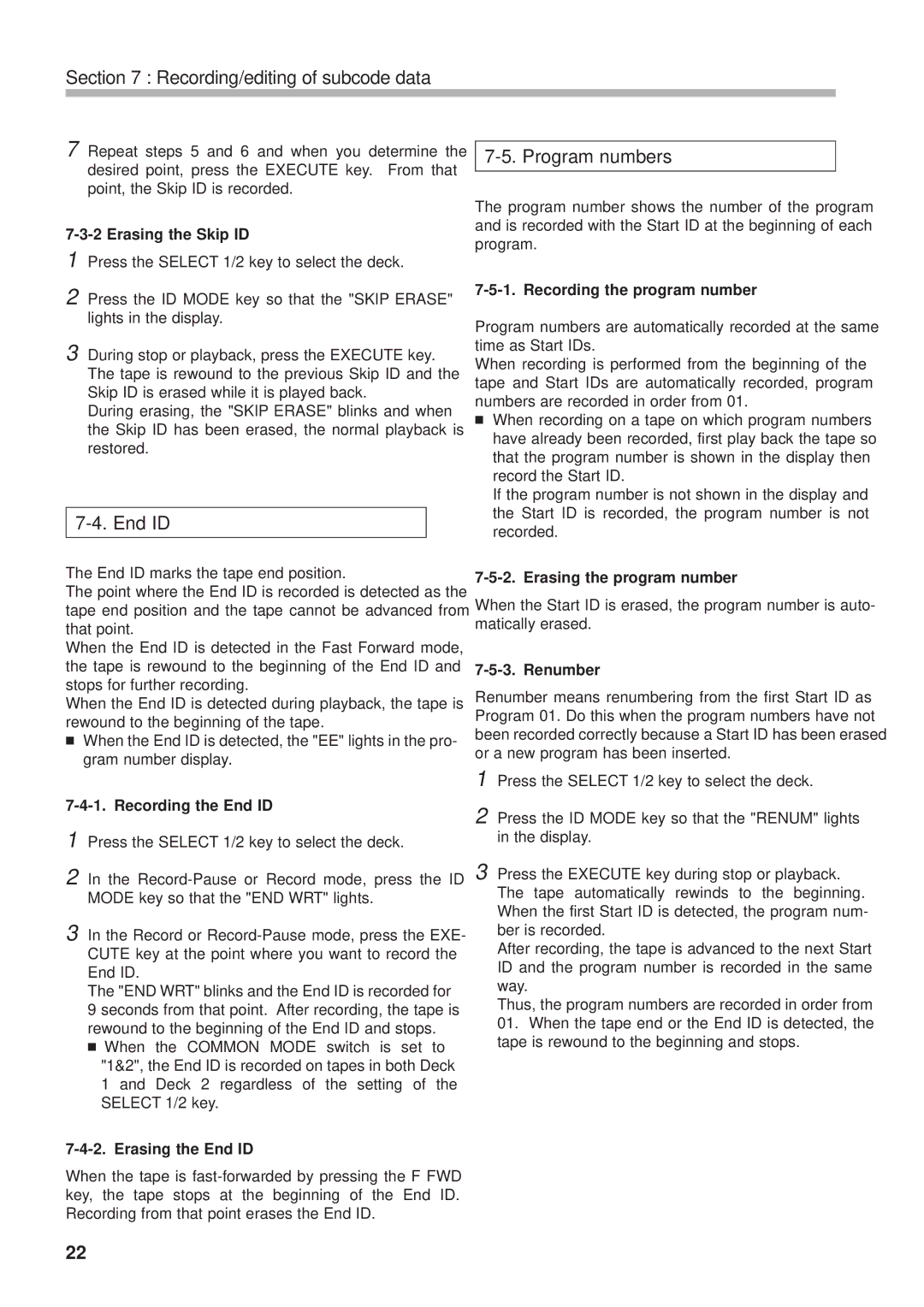 Tascam DA-302 owner manual Recording/editing of subcode data, Program numbers, End ID 