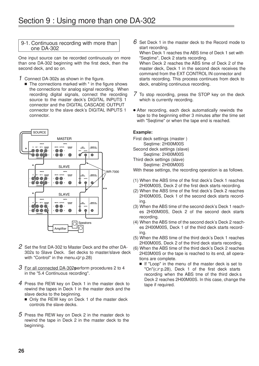 Tascam owner manual Using more than one DA-302, Continuous recording with more than one DA-302, Example 