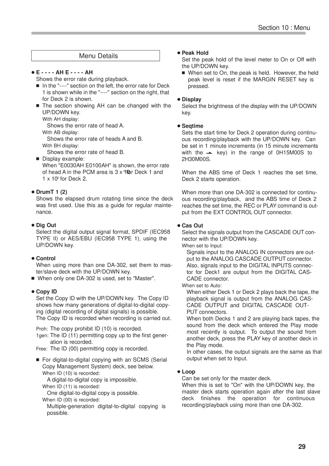 Tascam DA-302 owner manual Menu Menu Details 