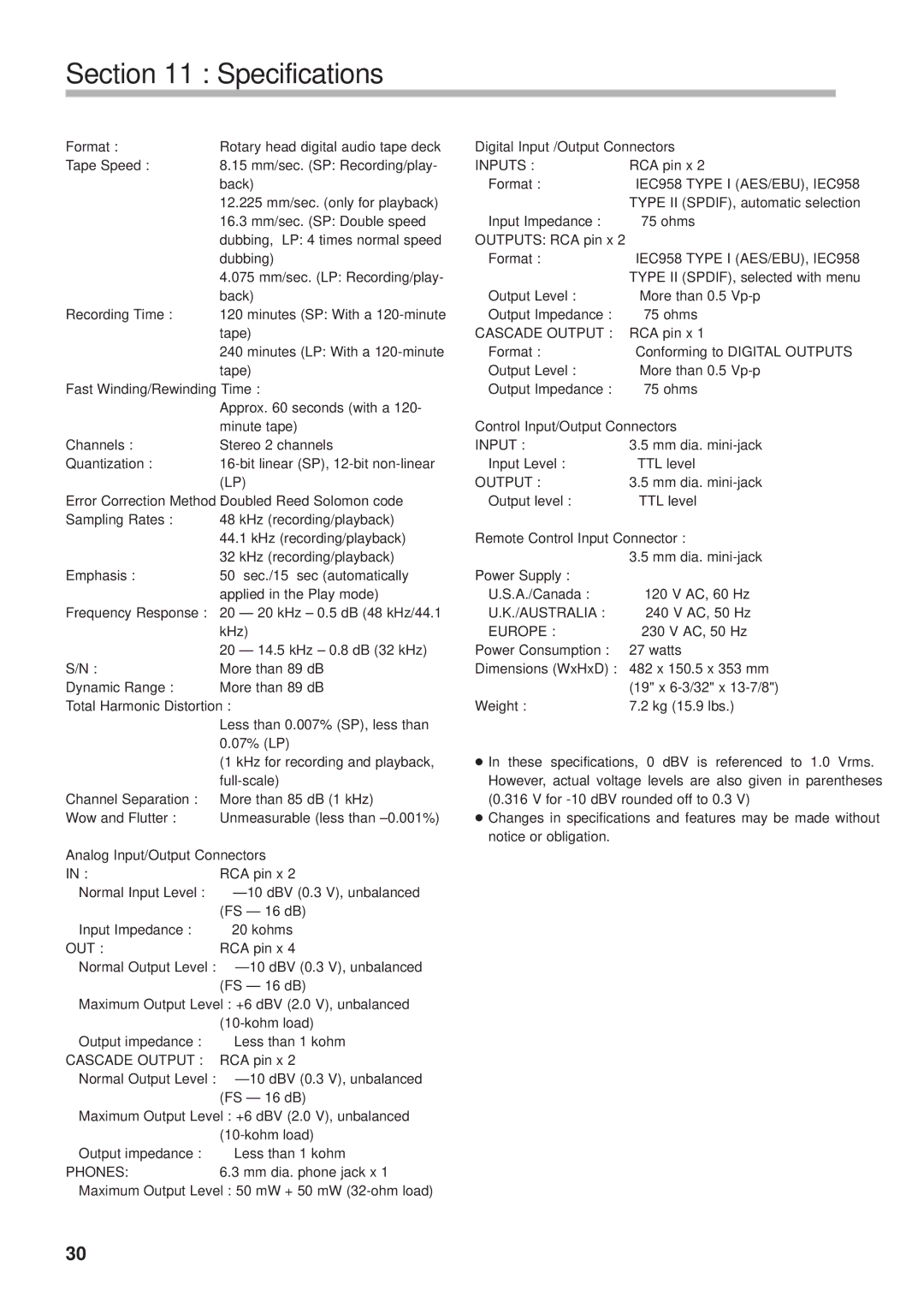 Tascam DA-302 owner manual Specifications, Tape Speed 