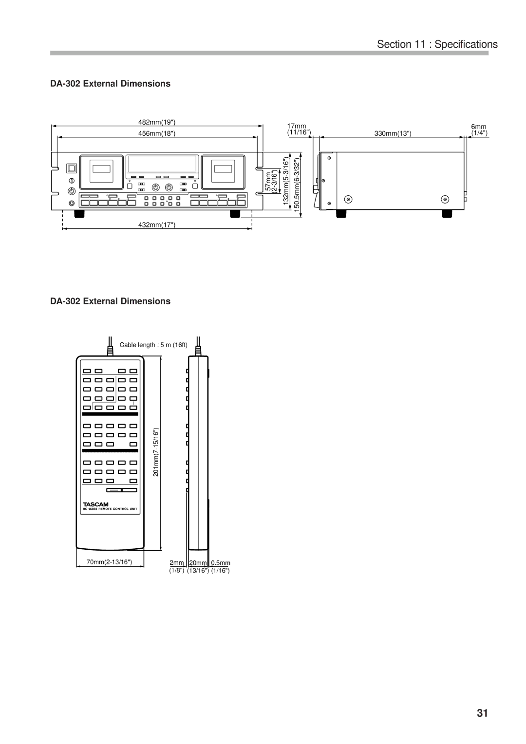 Tascam owner manual Specifications, DA-302 External Dimensions 