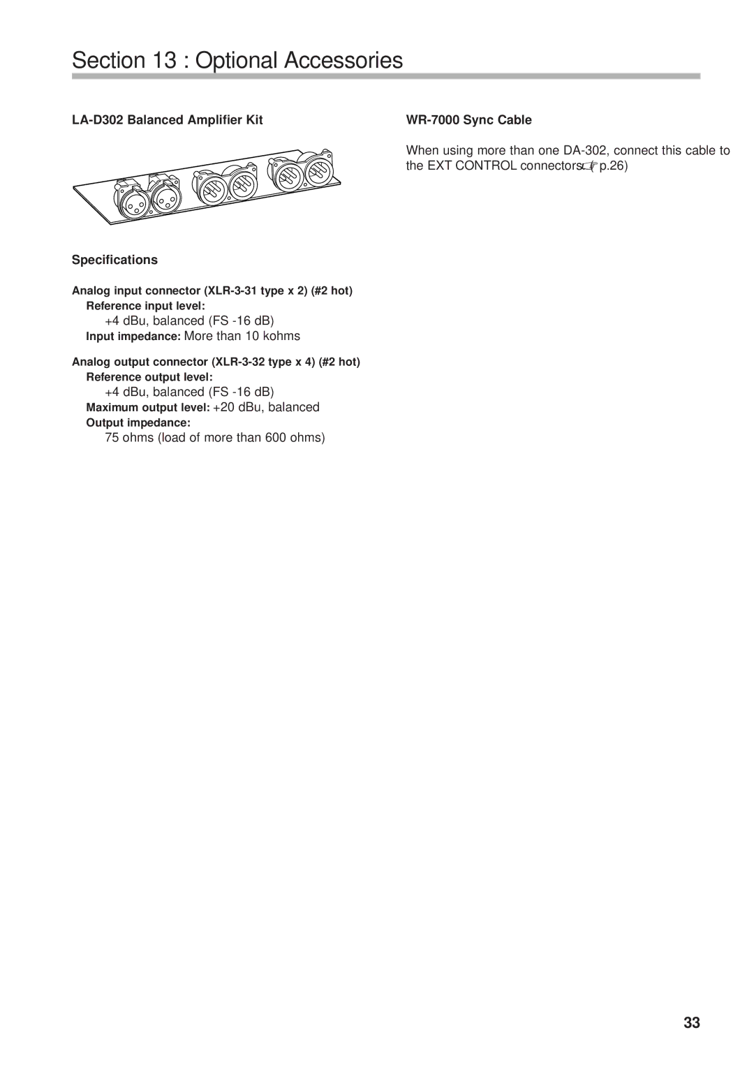 Tascam DA-302 owner manual Optional Accessories, LA-D302 Balanced Amplifier Kit WR-7000 Sync Cable, Specifications 