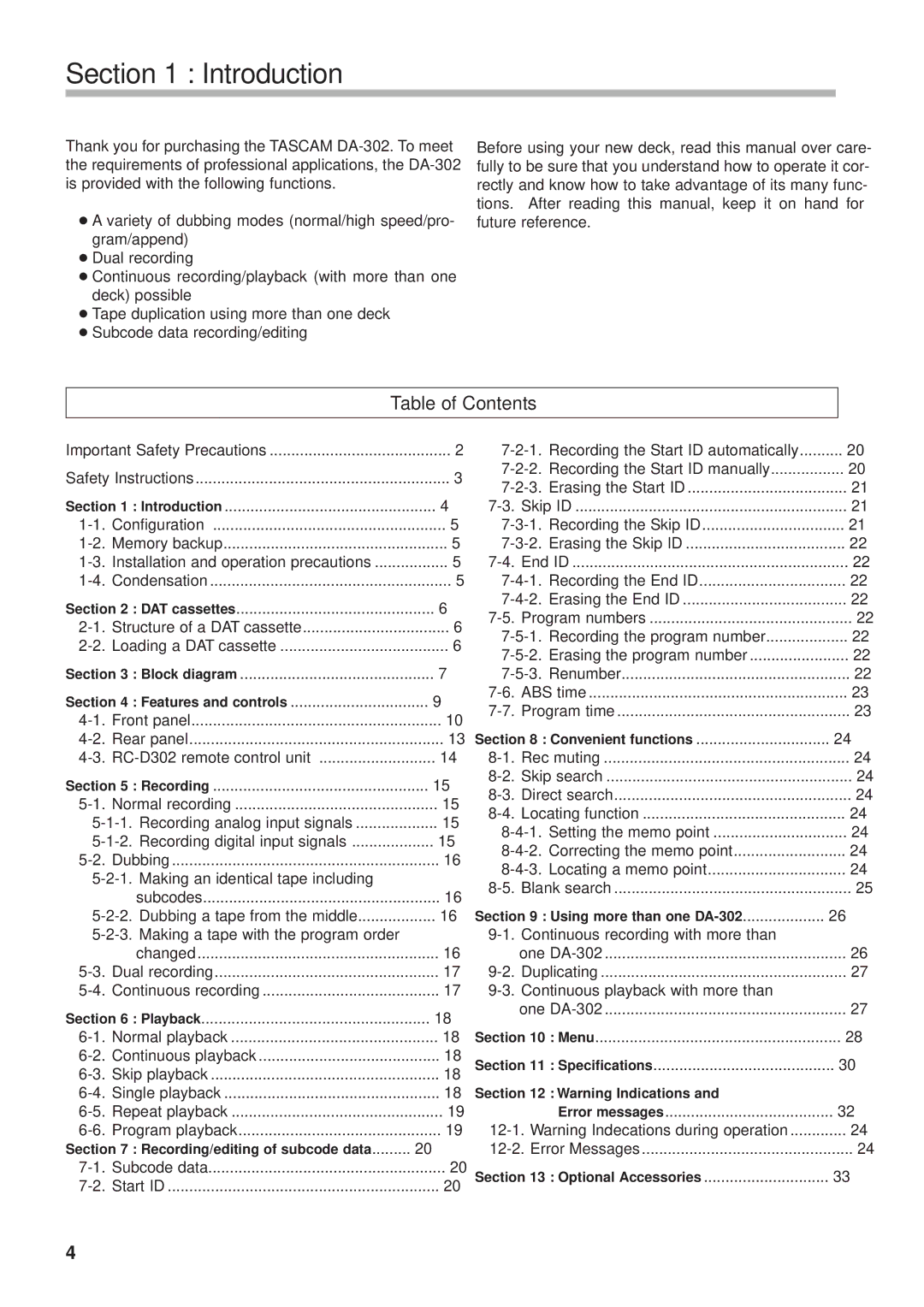 Tascam DA-302 owner manual Introduction, Table of Contents 