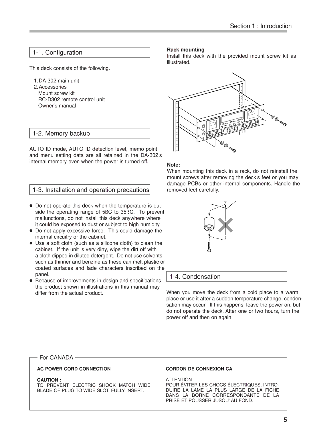 Tascam DA-302 owner manual Introduction Configuration, Memory backup, Installation and operation precautions, Condensation 