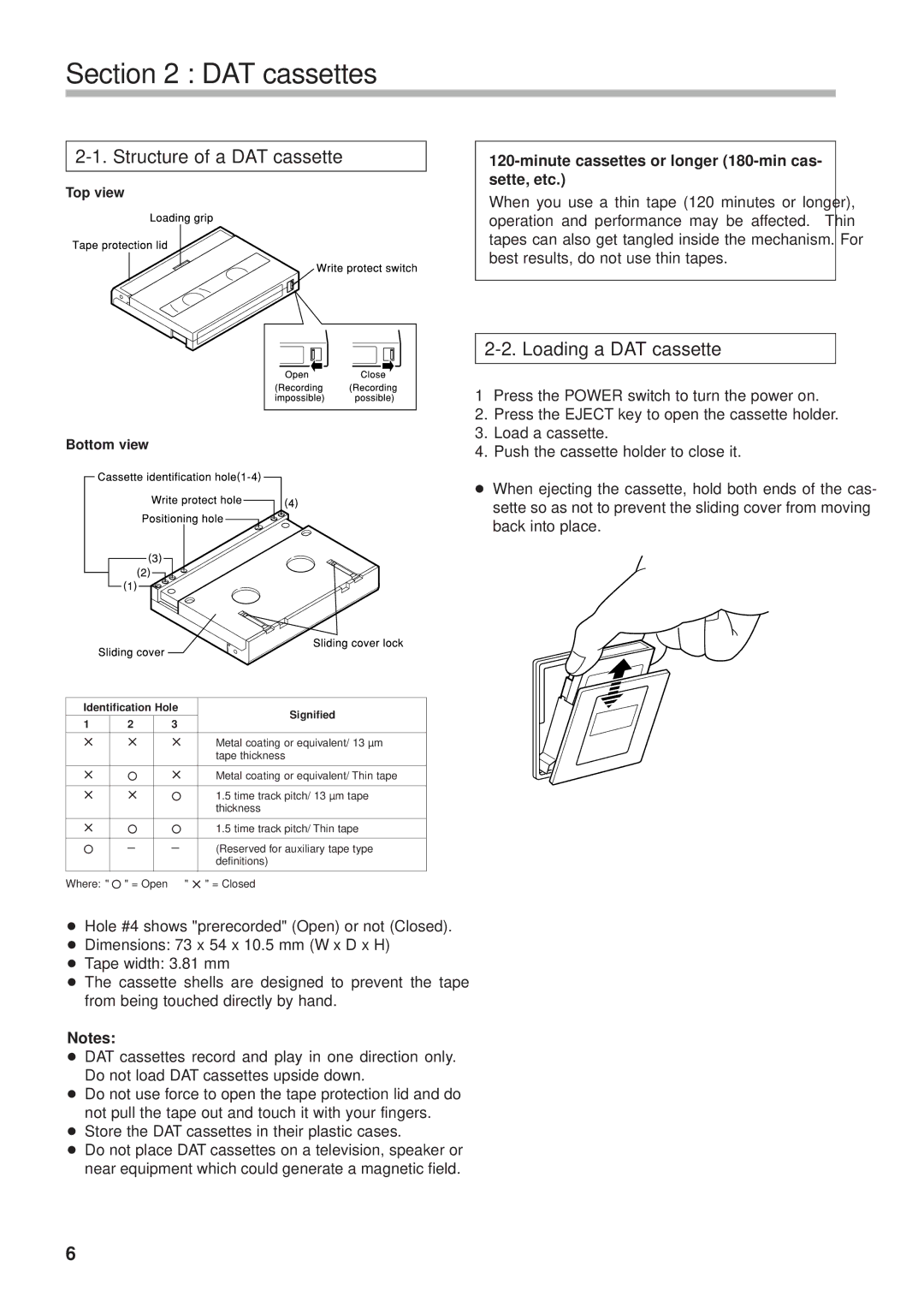 Tascam DA-302 owner manual DAT cassettes, Structure of a DAT cassette, Loading a DAT cassette 