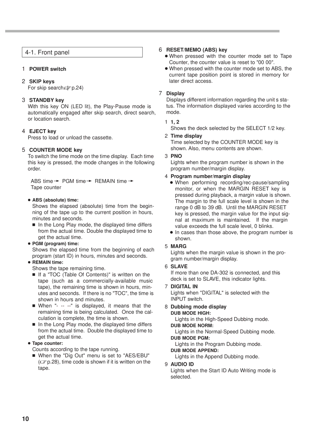 Tascam DA-302 owner manual Front panel 