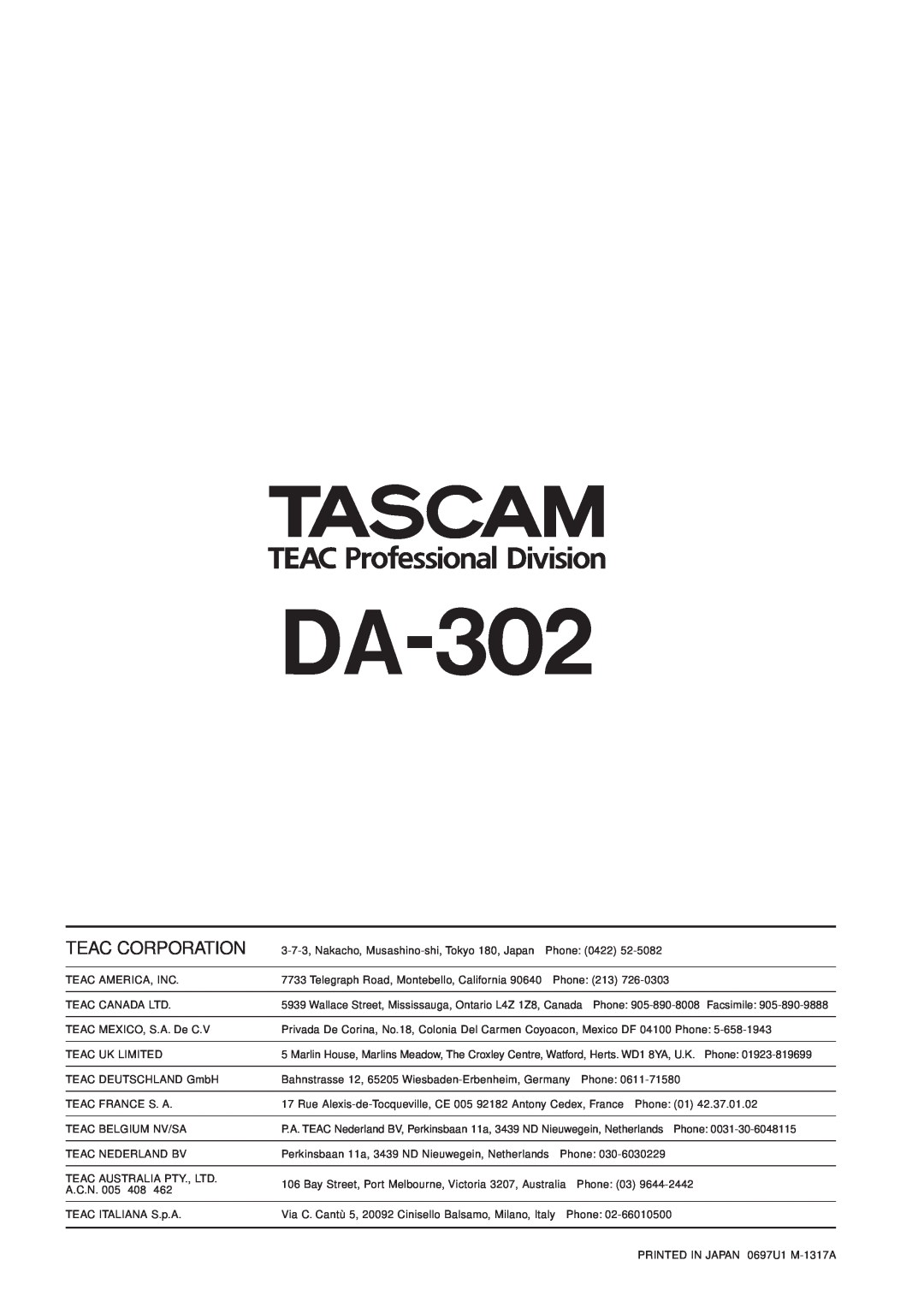 Tascam DA-302 owner manual Teac Corporation 