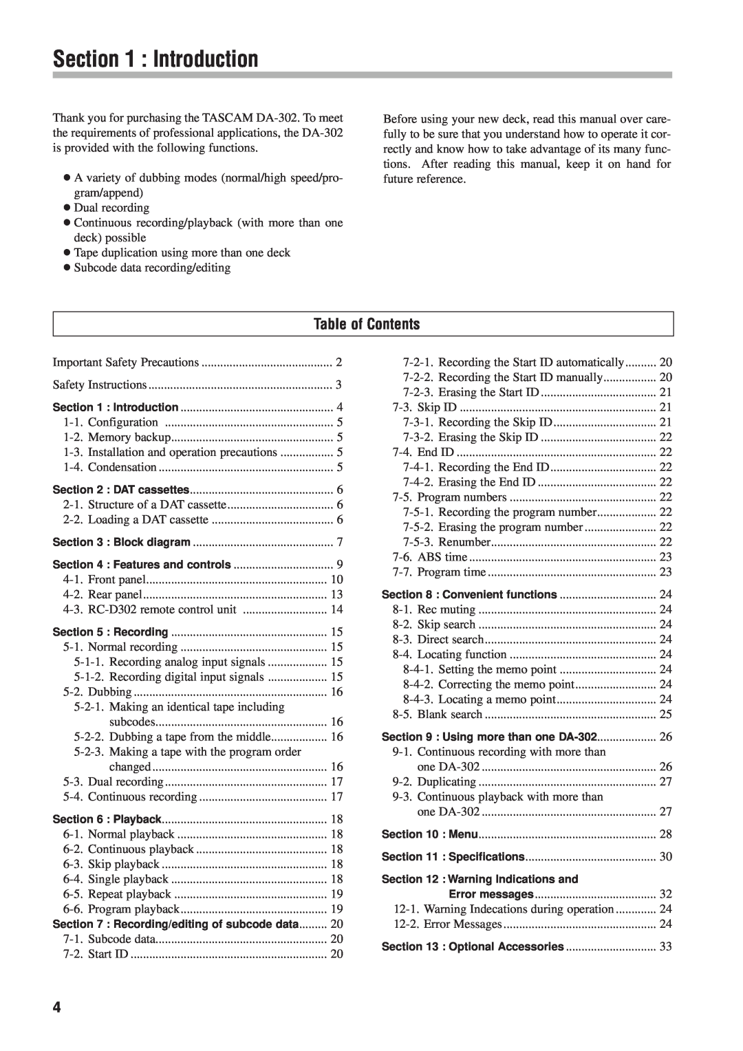 Tascam DA-302 owner manual Introduction, Table of Contents 