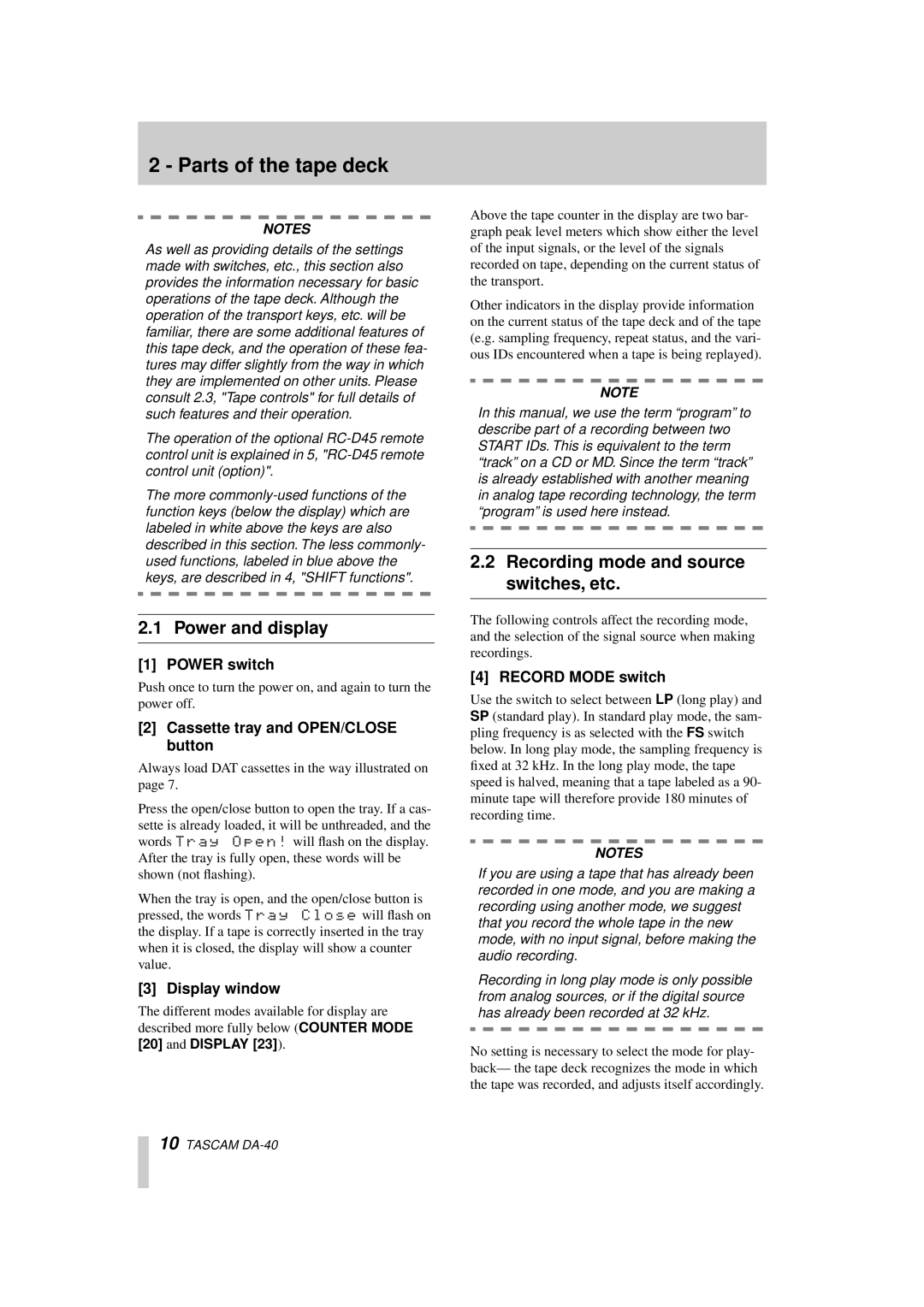 Tascam DA-40 owner manual Parts of the tape deck, Power and display, Recording mode and source switches, etc 