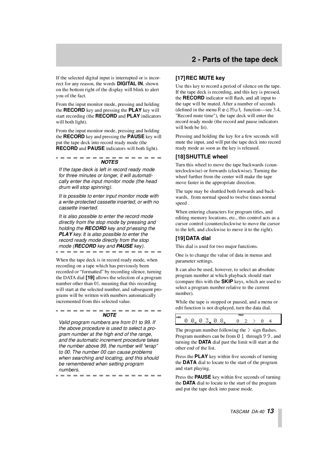 Tascam DA-40 owner manual REC Mute key, Shuttle wheel, Data dial 