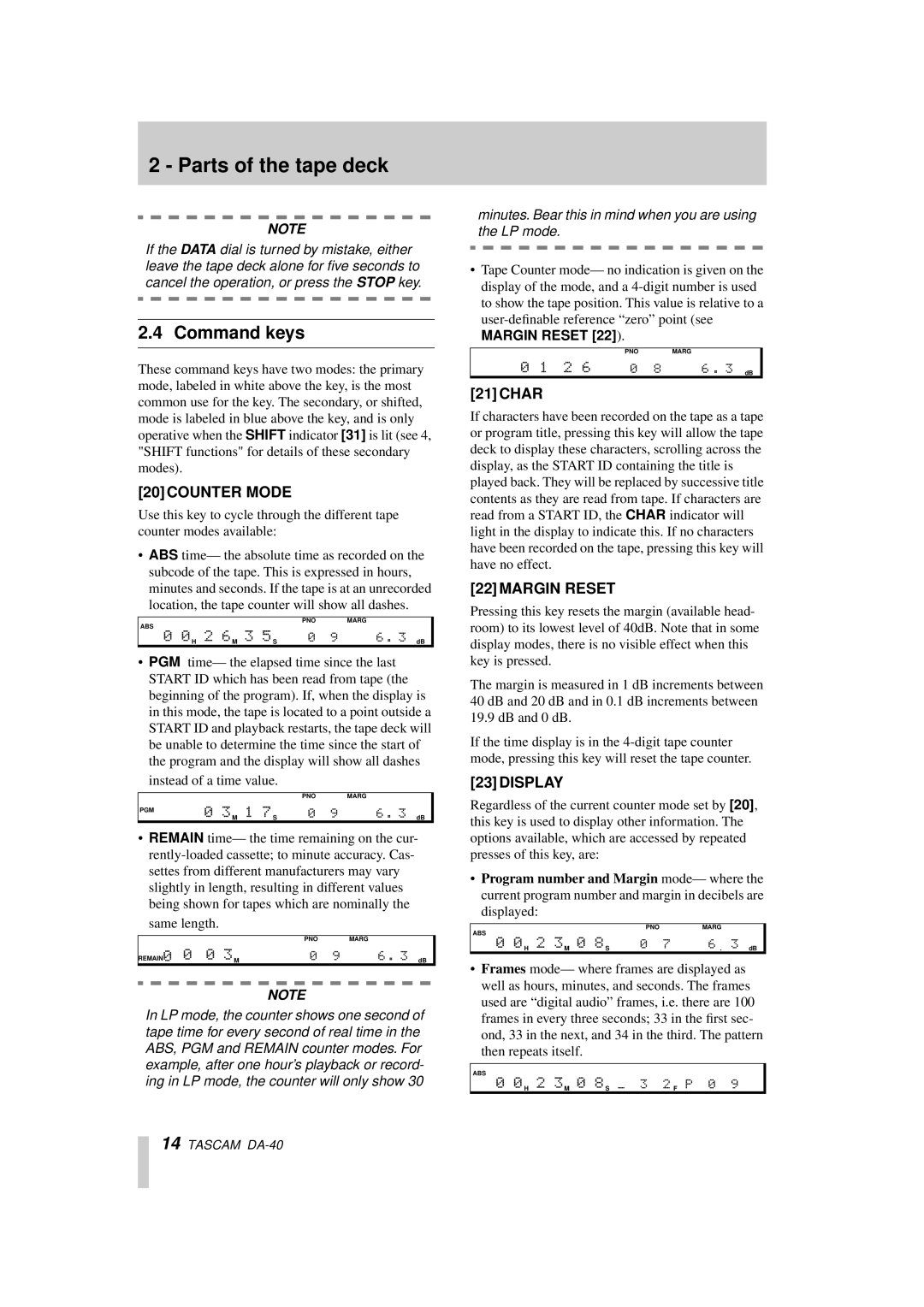 Tascam DA-40 owner manual Command keys, Counter Mode, Char, Margin Reset, Display 