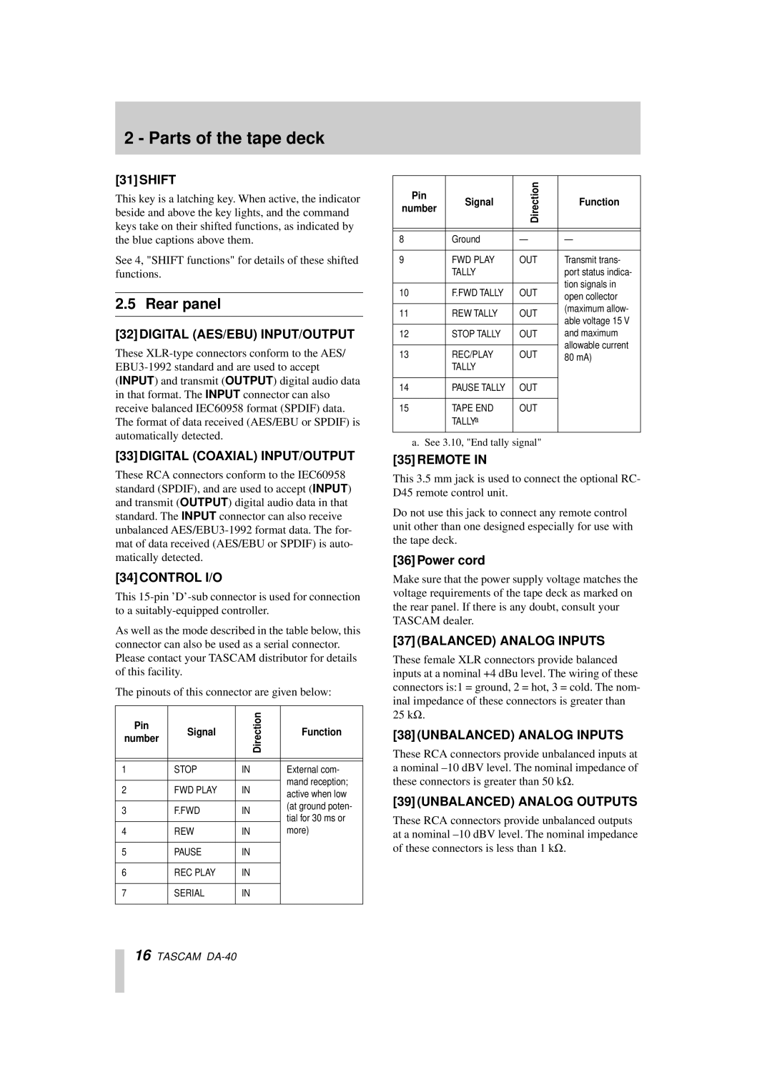 Tascam DA-40 owner manual Rear panel 