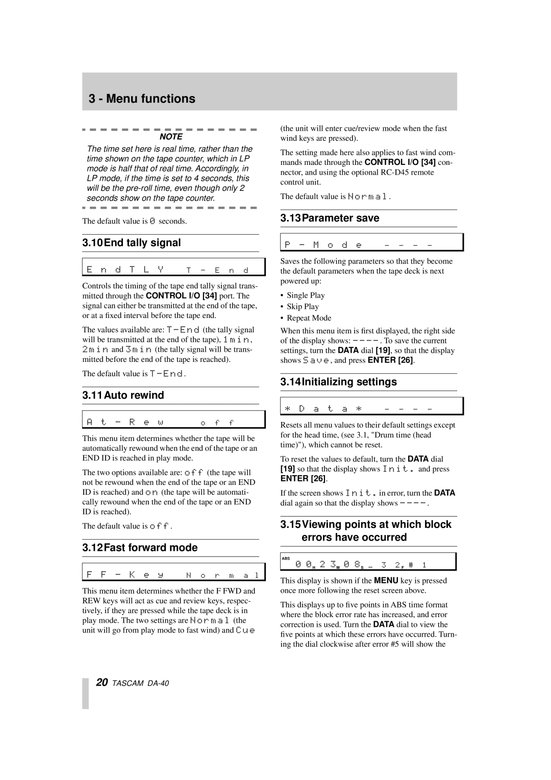 Tascam DA-40 owner manual 10End tally signal, 11Auto rewind, 12Fast forward mode, 13Parameter save, 14Initializing settings 