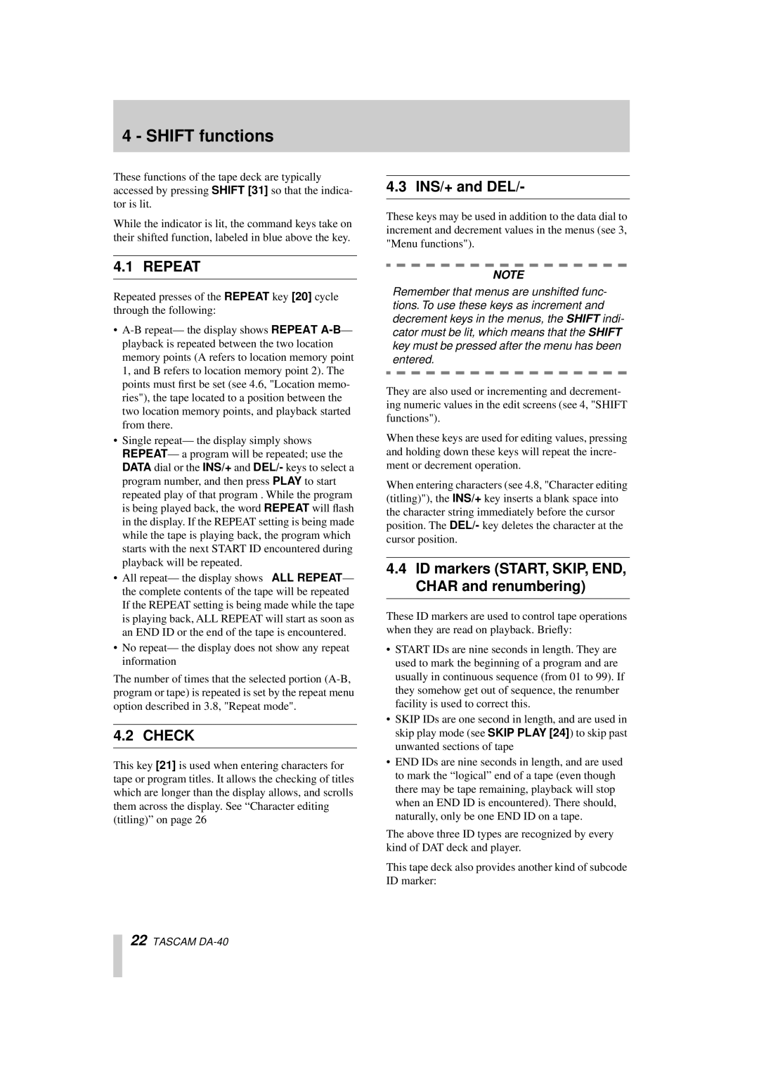 Tascam DA-40 owner manual Shift functions, INS/+ and DEL, ID markers START, SKIP, END, Char and renumbering 