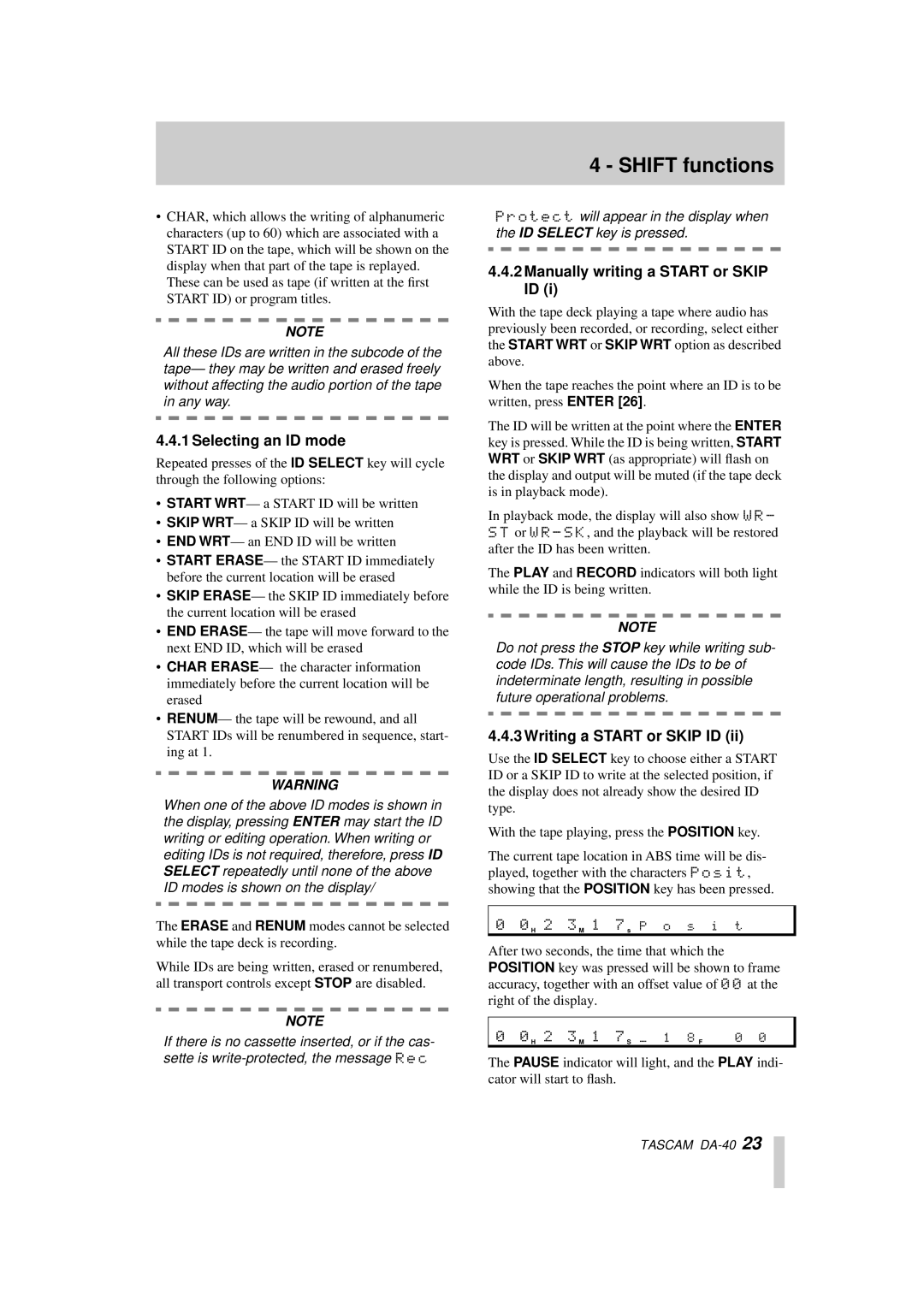 Tascam DA-40 owner manual Selecting an ID mode, Manually writing a Start or Skip ID, Writing a Start or Skip ID 