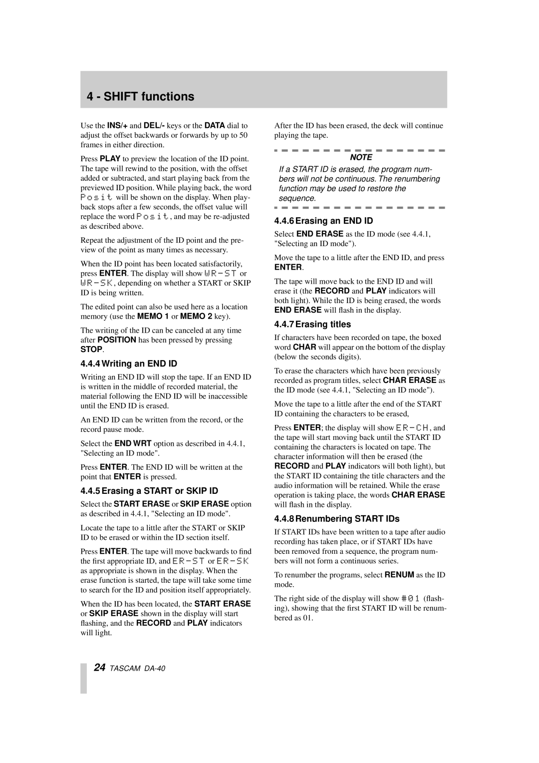 Tascam DA-40 Writing an END ID, Erasing a Start or Skip ID, Erasing an END ID, Erasing titles, Renumbering Start IDs 