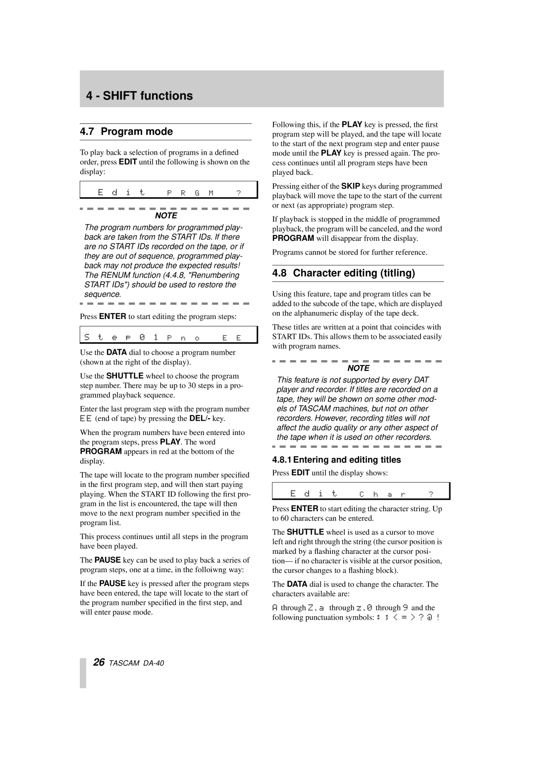 Tascam DA-40 owner manual Program mode, Character editing titling, Entering and editing titles 