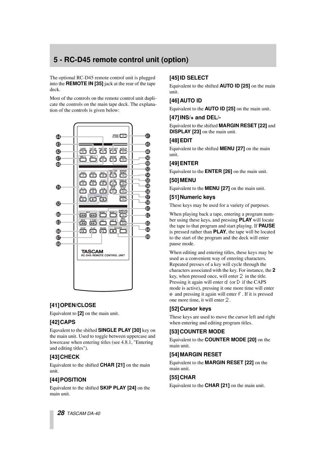 Tascam DA-40 owner manual RC-D45 remote control unit option, ID Select, Open/Close, Position 