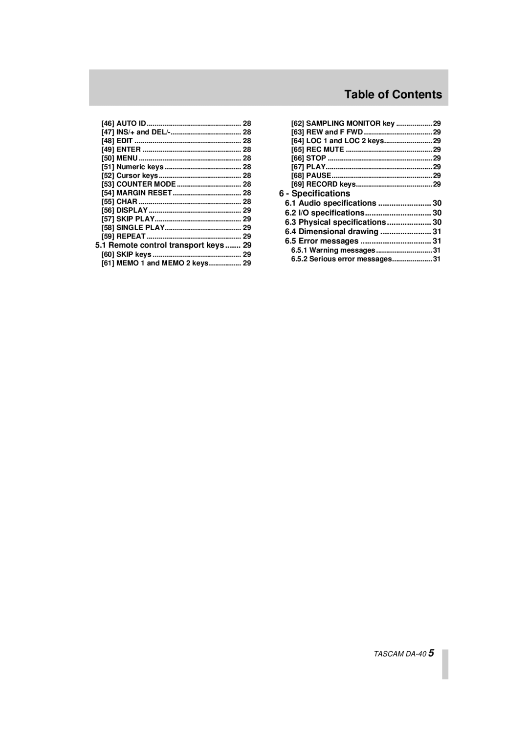 Tascam DA-40 owner manual Specifications 