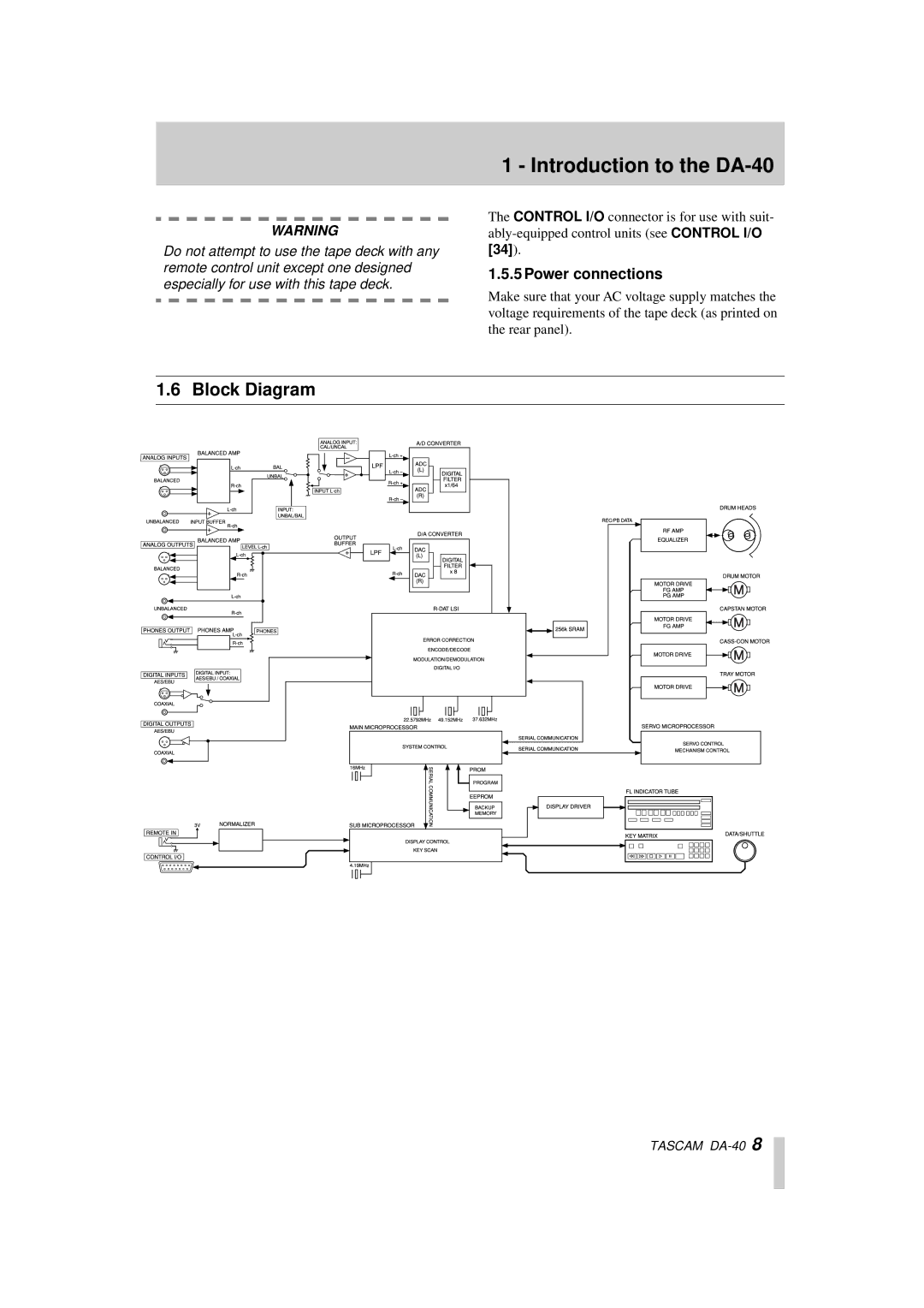 Tascam DA-40 owner manual Block Diagram, Power connections 