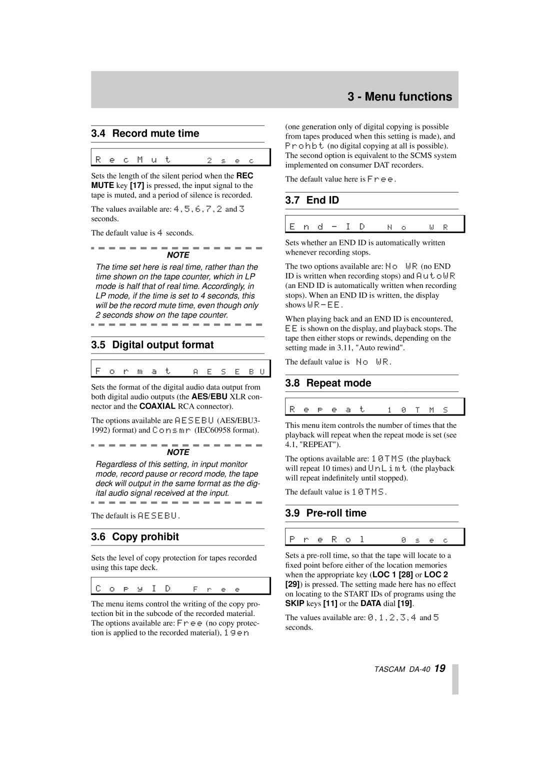 Tascam DA-40 owner manual Record mute time, Digital output format, Copy prohibit, End ID, Repeat mode, Pre-roll time 