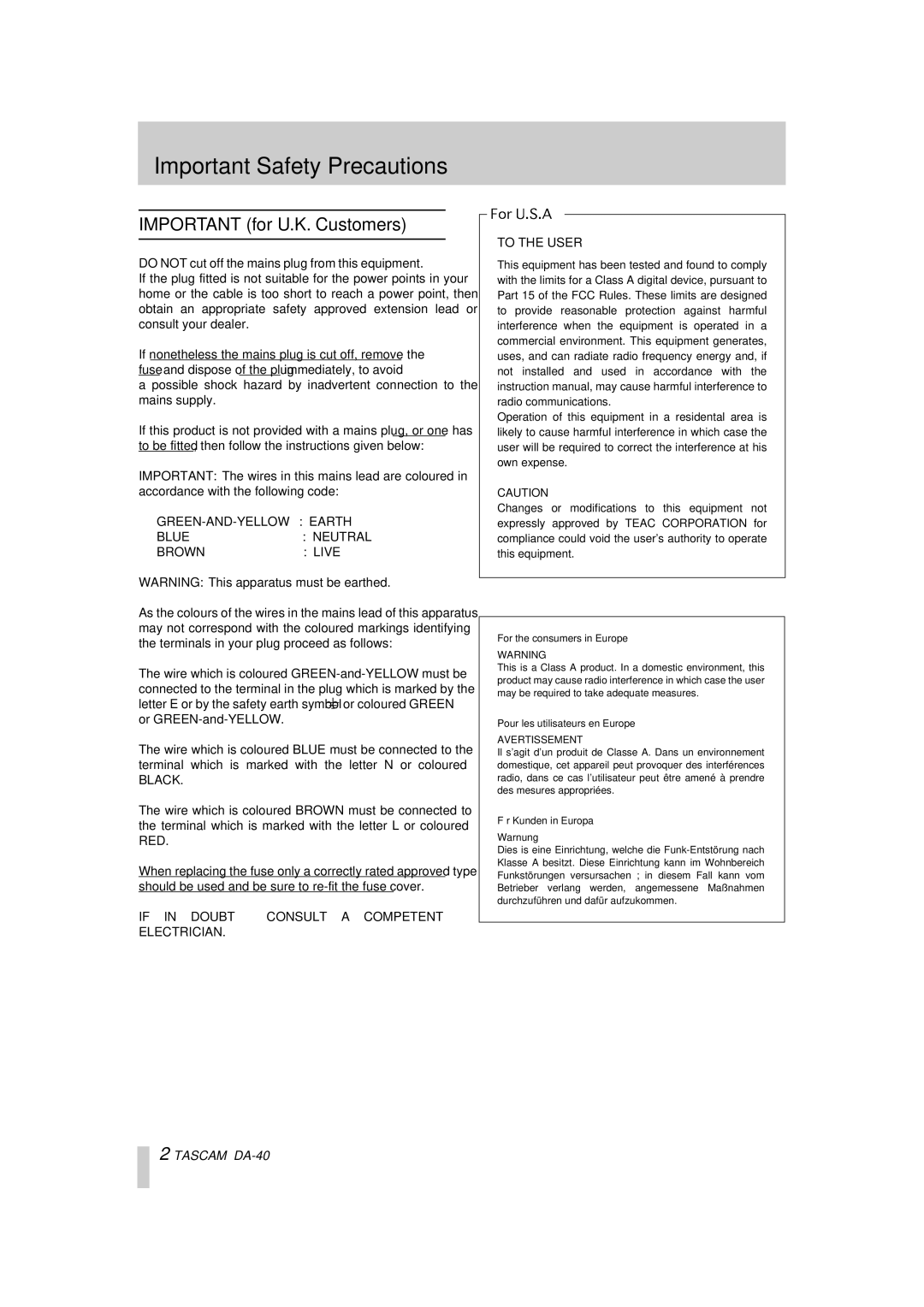 Tascam DA-40 owner manual Important Safety Precautions, Important for U.K. Customers 