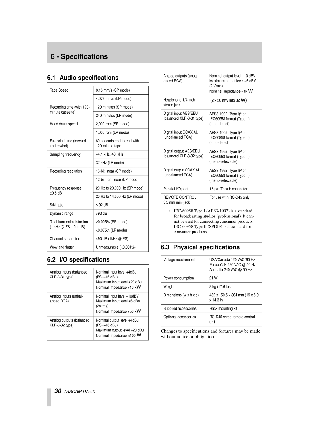 Tascam DA-40 owner manual Specifications, Audio speciﬁcations, Speciﬁcations, Physical speciﬁcations 