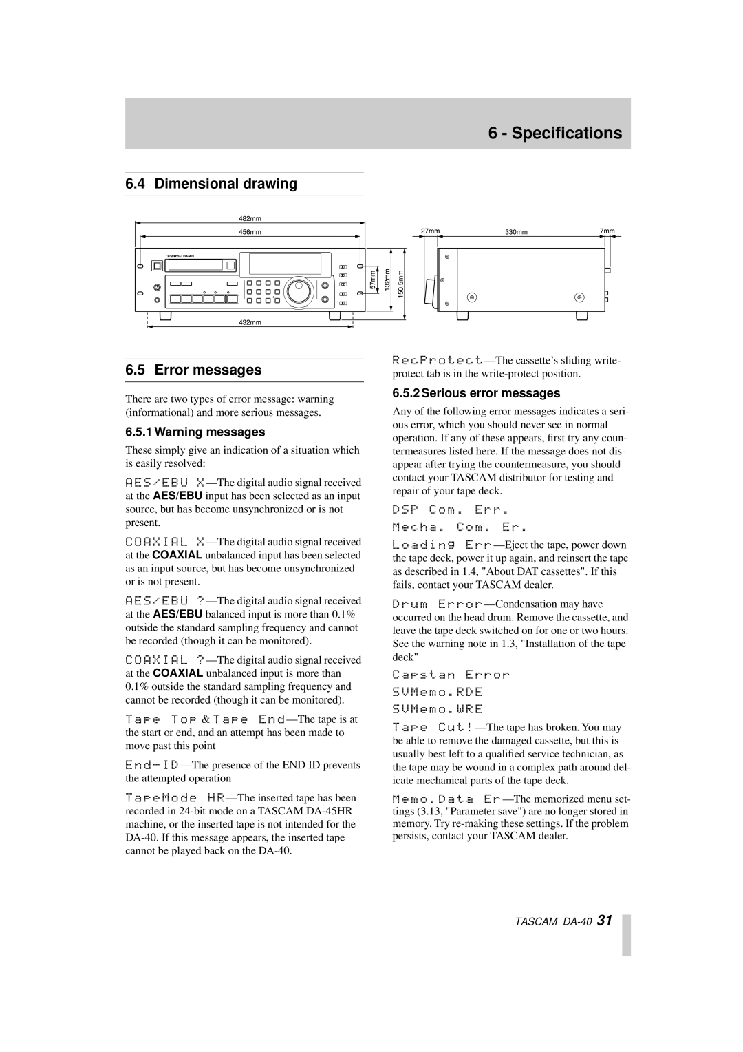 Tascam DA-40 owner manual Dimensional drawing Error messages, Serious error messages 