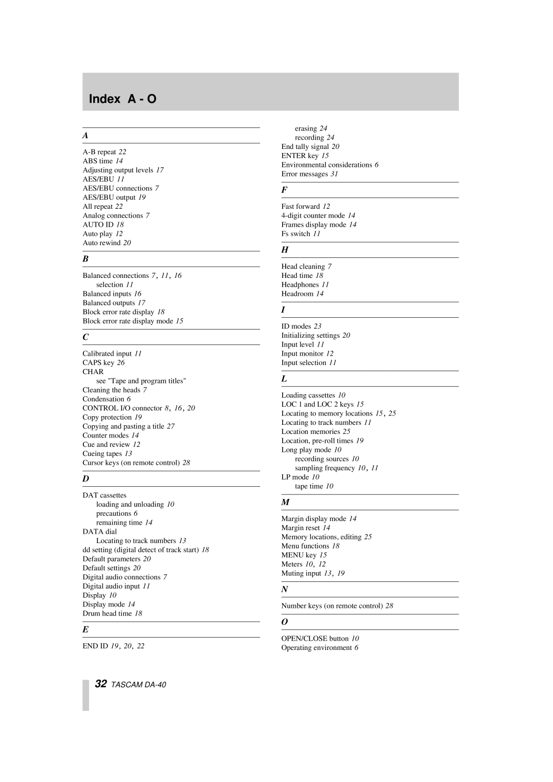 Tascam DA-40 owner manual Index a O, Auto ID 