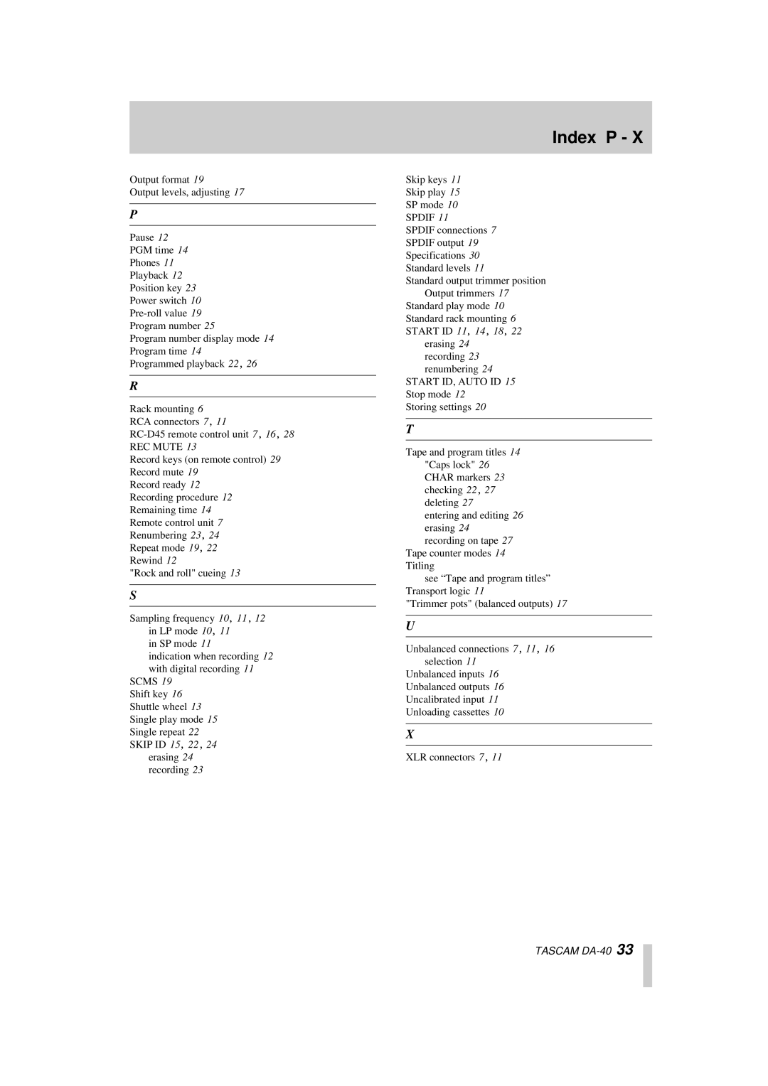 Tascam DA-40 owner manual Index P, Spdif 