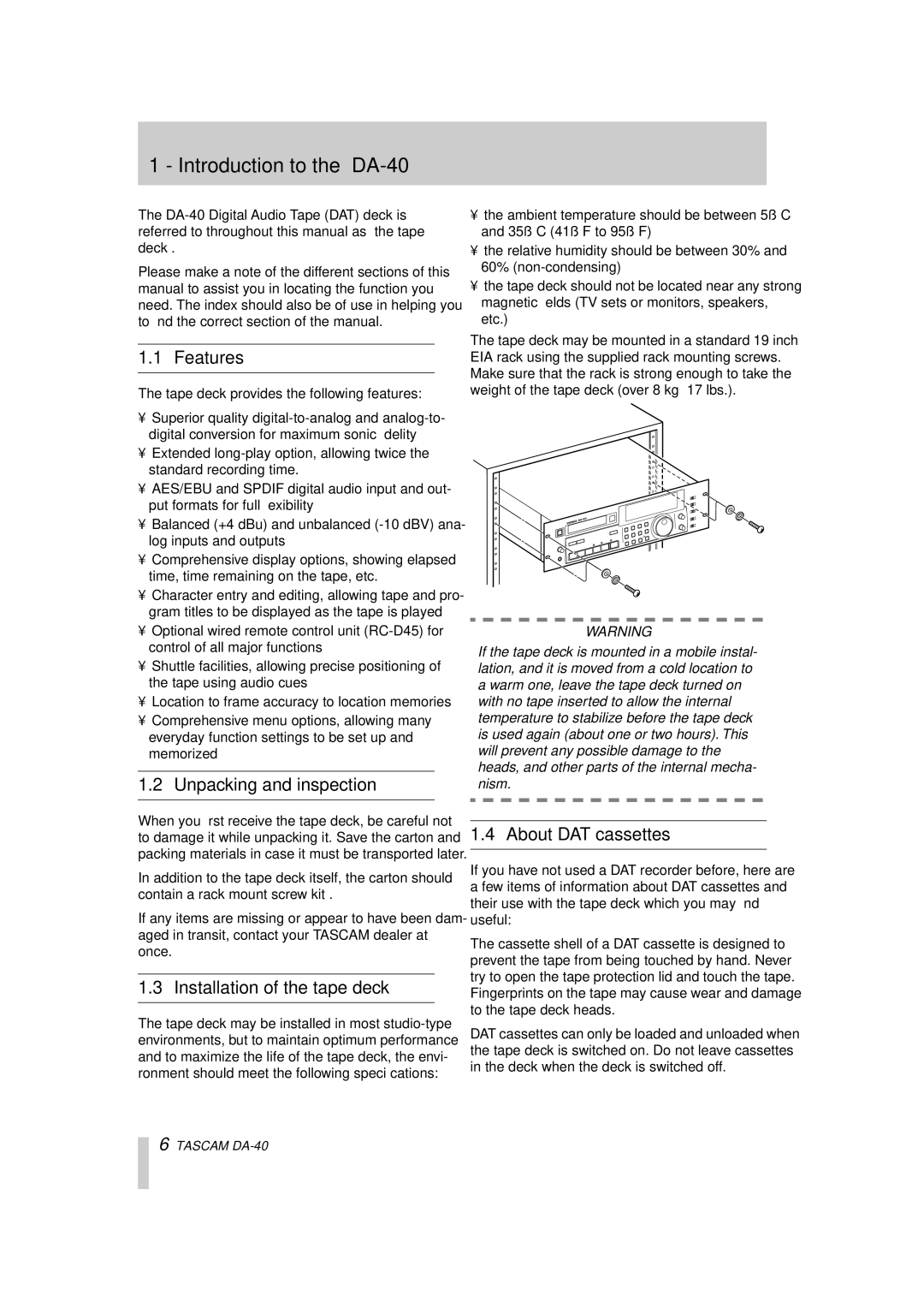 Tascam owner manual Introduction to the DA-40, Features, Unpacking and inspection, Installation of the tape deck 